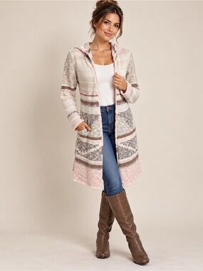 Mudd Aztec Hooded Long Cardigan Duster Silver Peony NWT Medium